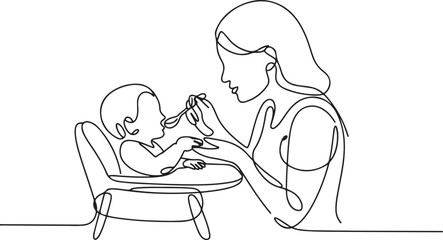 A continuous line drawing of a caring mother feeding her son in a baby high chair, reflecting Infant Feeding Day. one line Icon drawing