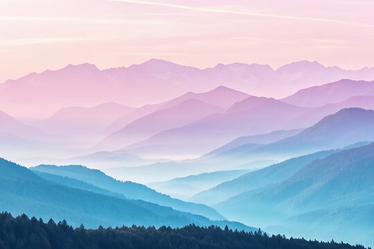 Misty mountain range with pastel sunrise sky