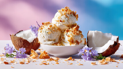 Refreshing coconut ice cream served with coconut flakes, garnished with purple flowers on a soft pastel background