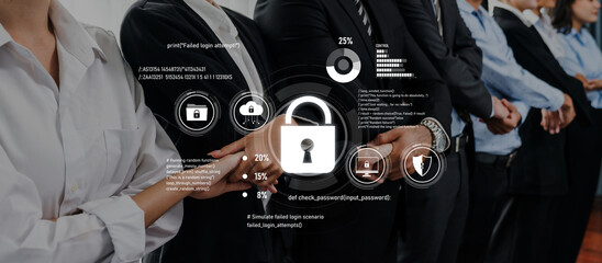 A diverse business team collaborating on cybersecurity strategies, emphasizing teamwork and digital security in a modern corporate setting, highlighting data protection efforts. Trope