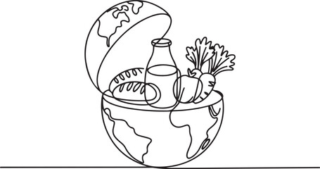 Single one line drawing half round globe with open top with French bread, glass bottle of milk, vegetables. Lack of nutritional equity. World Hunger Day. one line Icon drawing