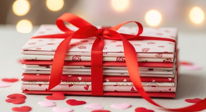 Valentine Day Stack of love letters tied with red ribbon present .Love, valentine, love, romance, romantic,