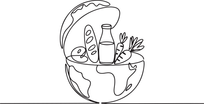 Single one line drawing half round globe with open top with French bread, glass bottle of milk, vegetables. Lack of nutritional equity. World Hunger Day. one line Icon drawing