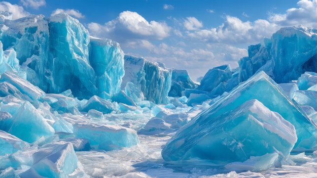 A large area of ice is covered in blue ice. The ice is so thick that it is almost impossible to see the ground. The sky is clear and blue, and there are no clouds in the sky