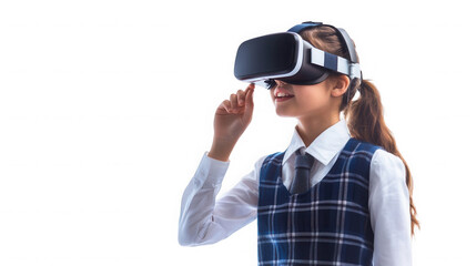 A young girl in school uniform wearing a vr headset and reaching out with her finger on black background on transparent background