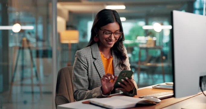 Office, phone and business woman at night for social media, networking and online message at desk. Corporate, professional and person on smartphone for website, research and typing email on app