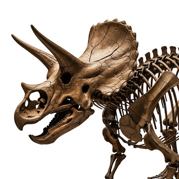 Detailed view of a triceratops dinosaur fossil skeleton with horns and frill, isolated on transparent background