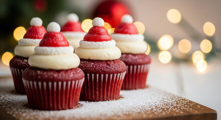 Close up of red velvet cupcakes with santa hats icing
