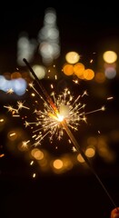 Golden sparkler lights up the night during a lively celebration with dazzling sparks flying in the air