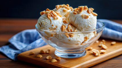 Creamy ice cream scoops topped with crushed peanuts in a glass bowl on a wooden surface with a blue napkin
