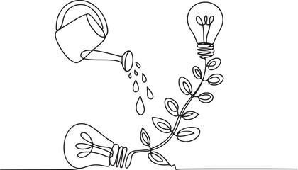 Single one line drawing watering plant bearing fruit lightbulb growing from a broken lightbulb. An effort to maintain a mindset. National Creativity Day. one line Icon drawing
