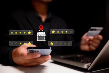 A person reviews a store using a mobile device, with visual indicators like stars and a location pin, emphasizing digital commerce and customer feedback.