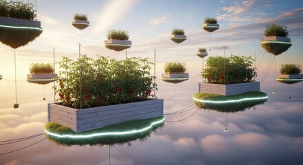 Multiple futuristic floating garden plots cultivate crops high above a layer of soft clouds at sunset