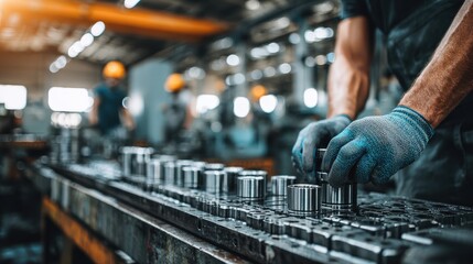 Skilled worker handles precisely machined metal components on an assembly line within a busy production facility