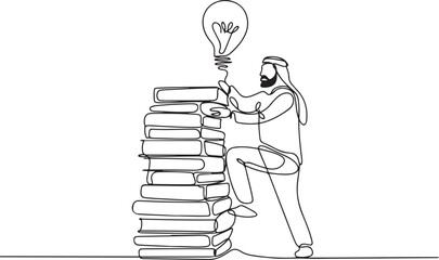 Continuous one line drawing Arab man climbs stack of thick books with lightbulb floating above. Have unlimited creativity. Educate. National Creativity Day. one line Icon drawing