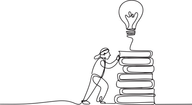 Continuous one line drawing Arab man climbs stack of thick books with lightbulb floating above. Have unlimited creativity. Educate. National Creativity Day. one line Icon drawing - Powered by Adobe