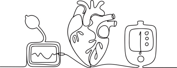 Continuous one line drawing heart with pumps and blood pressure meters at the ends. Health conscious equipment. Healthy living. World Hypertension Day. one line Icon drawing