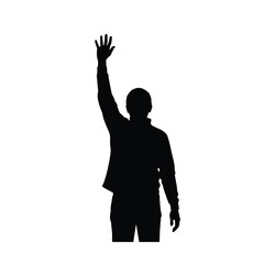 Silhouette of a man raising his hand in a gesture of greeting or calling out