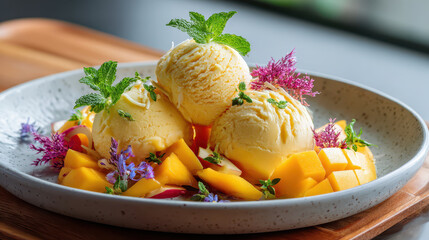 Refreshing mango dessert featuring creamy ice cream scoops, fresh mint leaves, vibrant edible flowers, and diced mango on a stylish plate