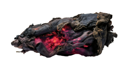 A decaying piece of ancient sheep wool with a red glow isolated on a white background, a horror textured fleece object, a burnt rot material, a scary dark fiber clump.