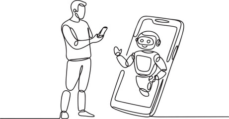 Continuous one line drawing man stands holds a smartphone and robot comes out of big smartphone. Chat with chatbot. International Virtual Assistants Day. one line Icon drawing