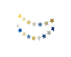 Two strands of shimmering star garlands strung across gray and white checkered background, celebration decorations