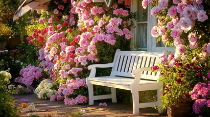 A serene white bench invites relaxation amidst a beautiful house surrounded by vibrant flowers.