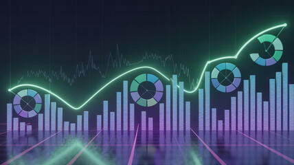 Futuristic dashboard displaying data visualization with glowing graphs and charts, representing growth and analytics in digital environment. vibrant colors create engaging atmosphere