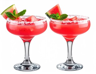 Two red drinks with watermelon and mint garnish