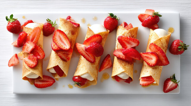 Fresh strawberry crepes filled with creamy yogurt on a white plate, garnished with sliced strawberries and honey drizzle