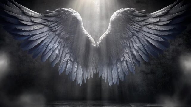 Majestic black angel wings illuminated by divine light in a dark atmosphere