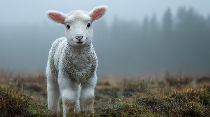 Fototapeta premium Young white lamb standing alone in misty field at dawn, with foggy forest background creating atmospheric rural scene.