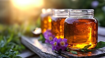 Fototapeta premium Golden honey jars in sunlight with purple wildflowers, showcasing organic sweetener on rustic wooden tray against blurred natural background.