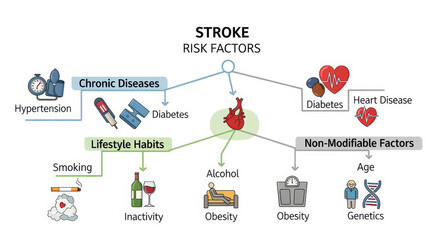 This infographic illustrates risk factors for stroke, highlighting chronic diseases like hypertension and diabetes, lifestyle habits such as smoking and obesity, and non modifiable factors like
