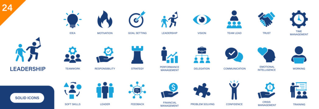 Leadership icon. Including management, teamwork, training, team lead, soft skills, vision. Solid vector icon set.