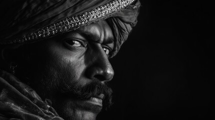 Monochromatic portrait of a Maratha warrior exuding strength and determination in high contrast