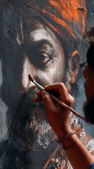 Hand creating a mural of Shivaji Maharaj, showcasing artistic skill in street art at a lively urban location