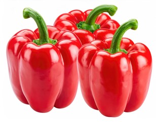 Stacked, glossy, red bell peppers with green stems