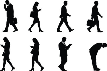 Title: Walking Business People Silhouettes Using Mobile Devices, Carrying Bags, and Bowing, Urban Corporate Commuter Crowd Vector
