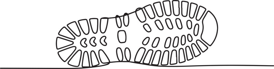 Fototapeta premium Single one line drawing boot print. Footsteps as witnesses of history. Hiking shoes with a distinctive pattern. Anti slip. Waterproof. National Trails Day. one line Icon drawing
