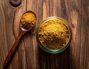 Spices Turmeric powder in jar and spoon on wood table