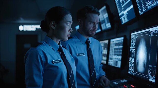 In a dimly lit control room, two airport security officers of different backgrounds are carefully scrutinizing an x ray of luggage on a computer screen, searching for potential dangers