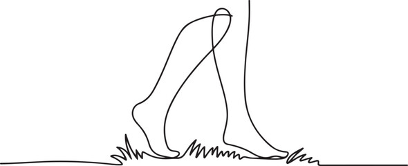 Continuous one line drawing barefoot legs seen from behind while walking. Take a leisurely walk on the grass for health. Beach. National Go Barefoot Day. one line Icon drawing