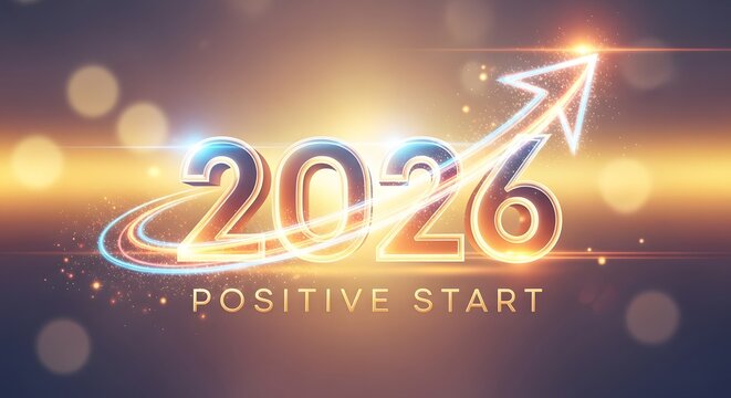 2026 positive start with upward arrow and swirling light trails