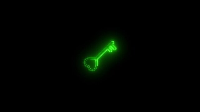 Green neon outline of a heart-shaped key on a black background love romance