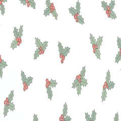 A seamless pattern featuring hand-drawn green holly leaves with vibrant red berries scattered across a clean white background, perfect for festive designs.