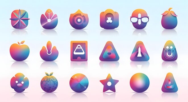 Collection of vibrant abstract geometric shapes and objects with gradient colors