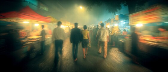 Motion blur of crowded night market with countless floating lanterns in the dark sky