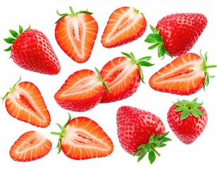 Fresh red strawberries, whole and halved, on white