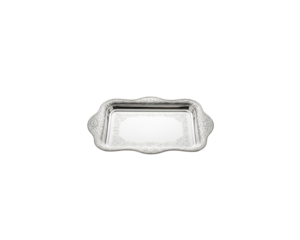 Shiny elegant silver serving tray with decorative border on transparent background for food presentation isolated